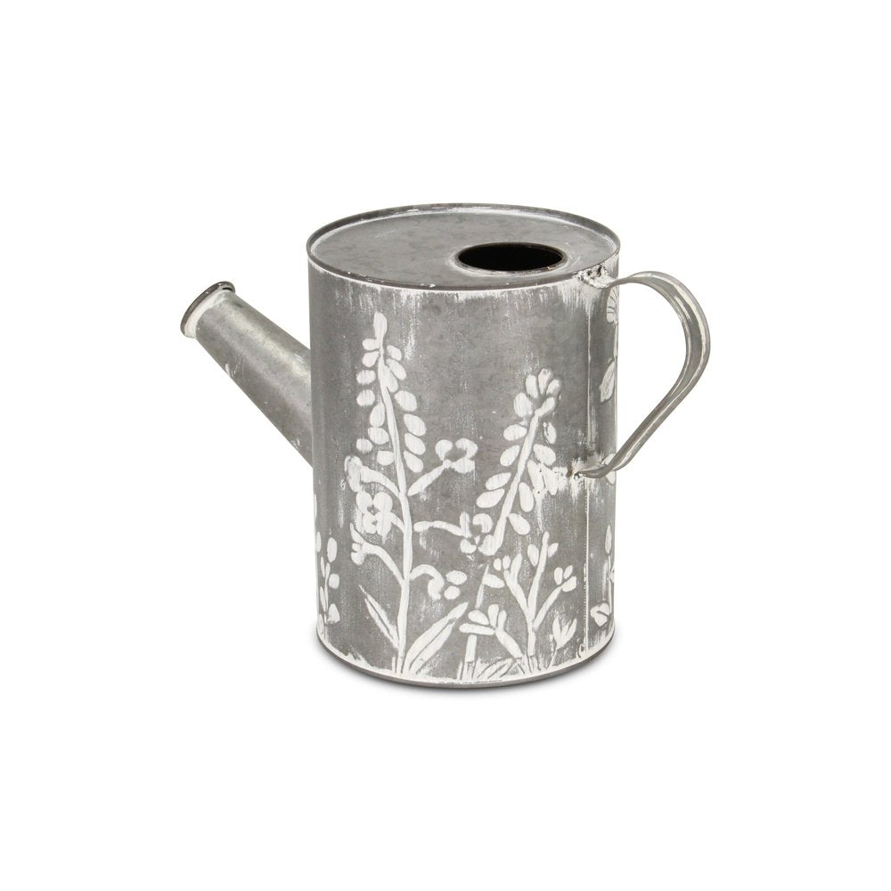 8" Gray And White Galvanized Metal Flowers Hand Painted Decorative Watering Can