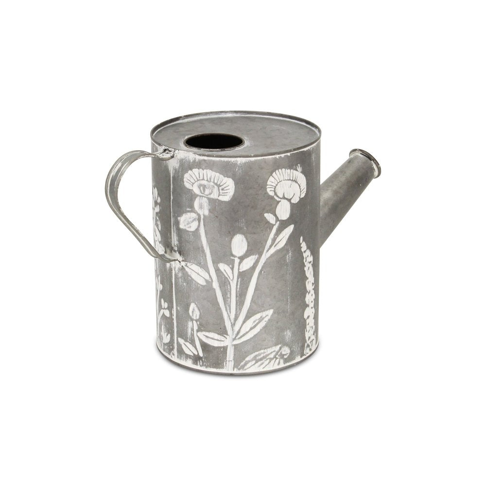 8" Gray And White Galvanized Metal Flowers Hand Painted Decorative Watering Can