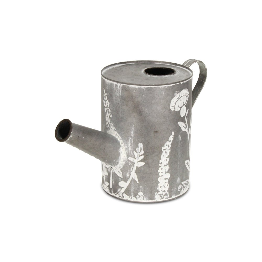 8" Gray And White Galvanized Metal Flowers Hand Painted Decorative Watering Can