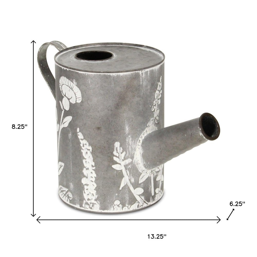 8" Gray And White Galvanized Metal Flowers Hand Painted Decorative Watering Can