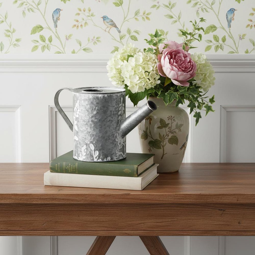 6" Gray And White Galvanized Metal Flowers Hand Painted Decorative Watering Can