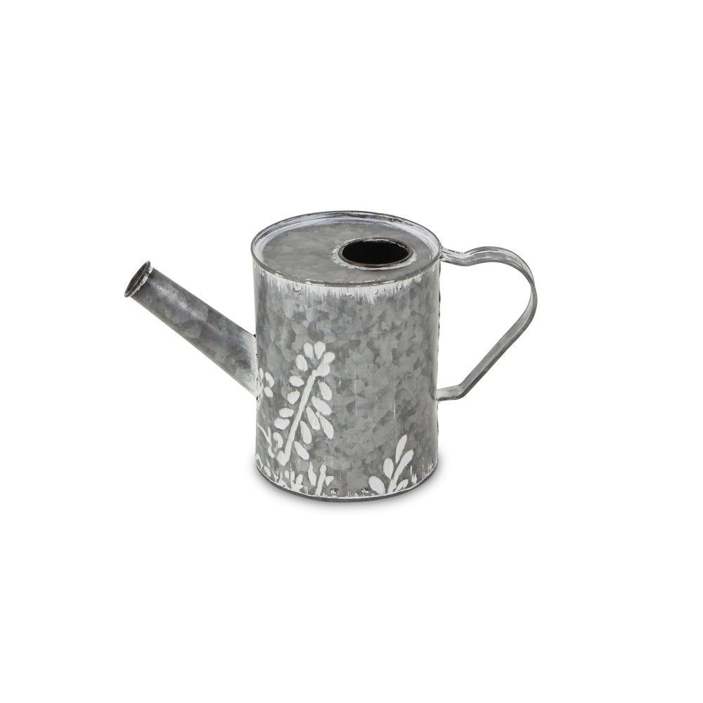 6" Gray And White Galvanized Metal Flowers Hand Painted Decorative Watering Can