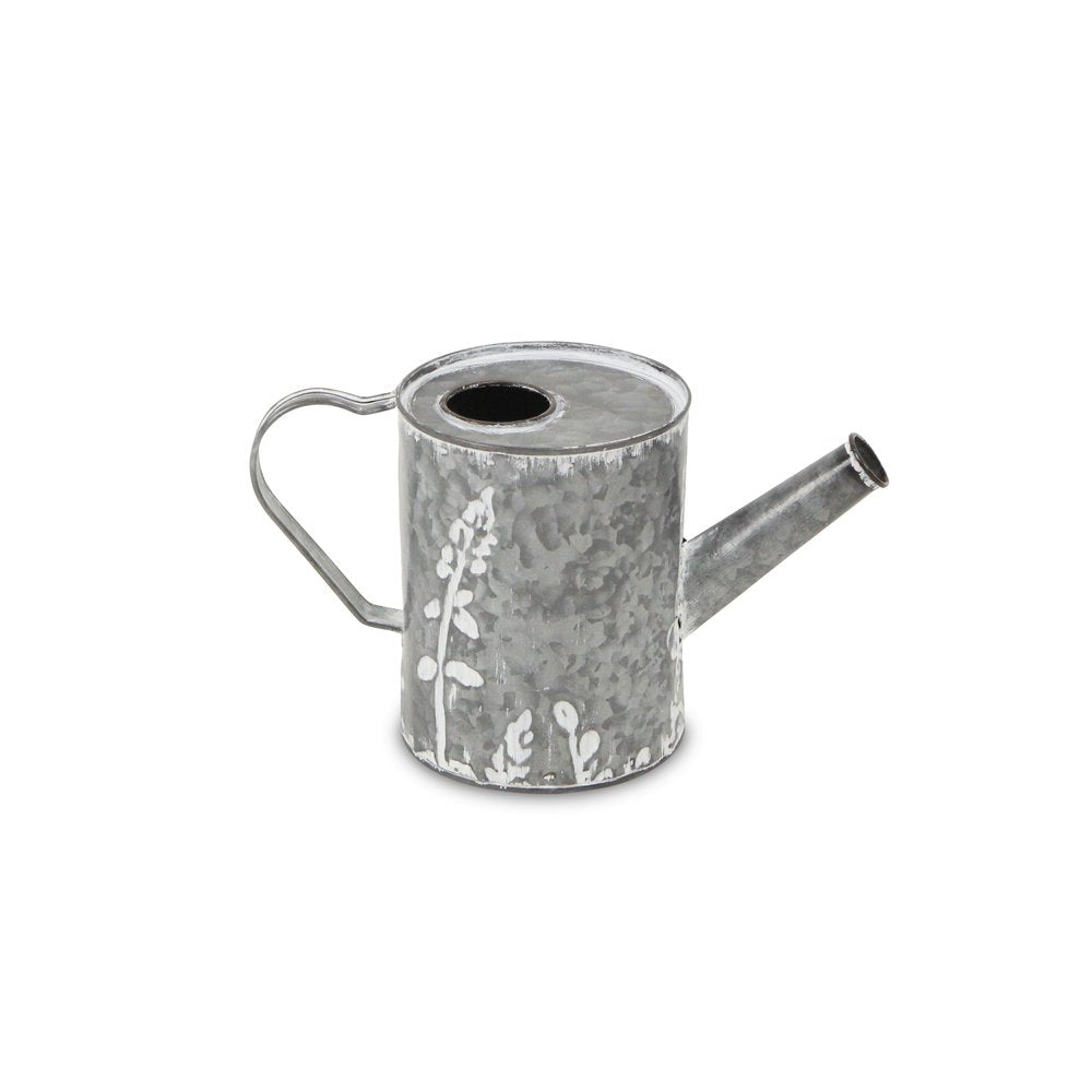 6" Gray And White Galvanized Metal Flowers Hand Painted Decorative Watering Can