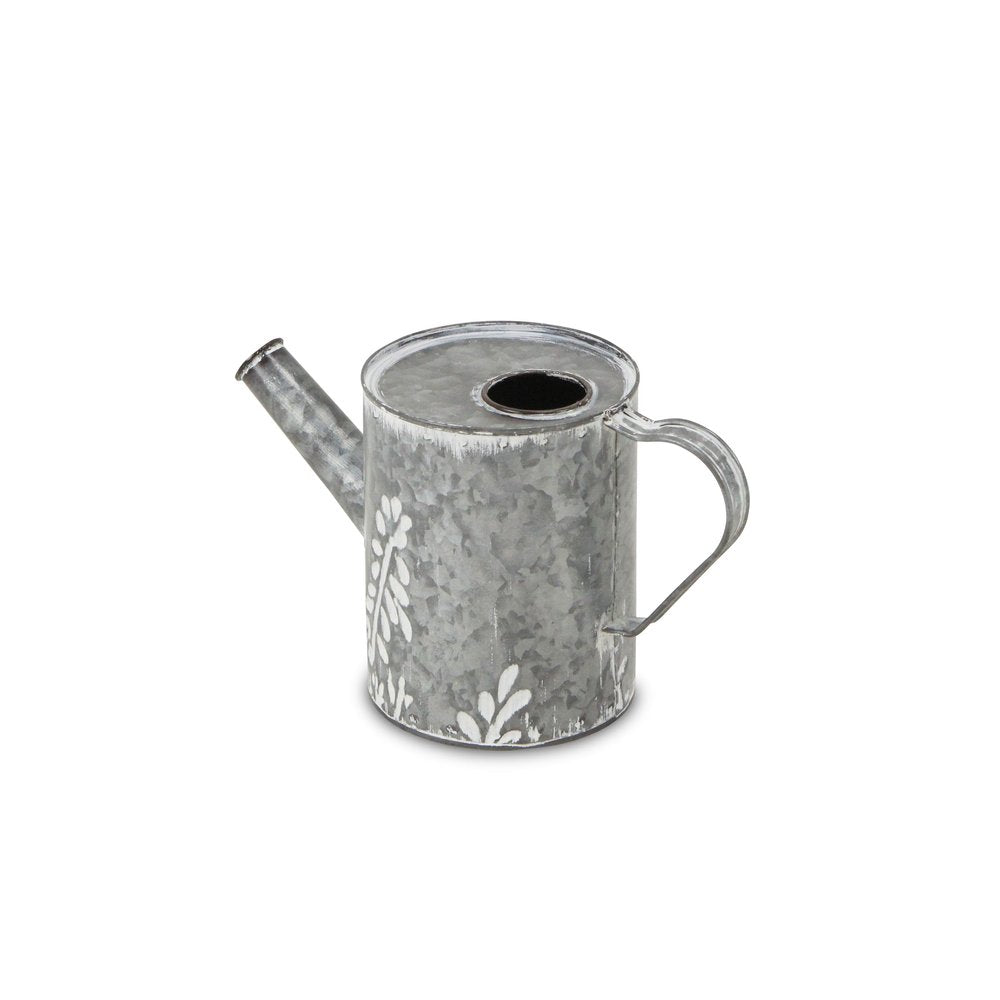 6" Gray And White Galvanized Metal Flowers Hand Painted Decorative Watering Can