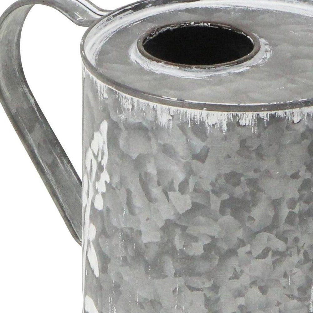 6" Gray And White Galvanized Metal Flowers Hand Painted Decorative Watering Can