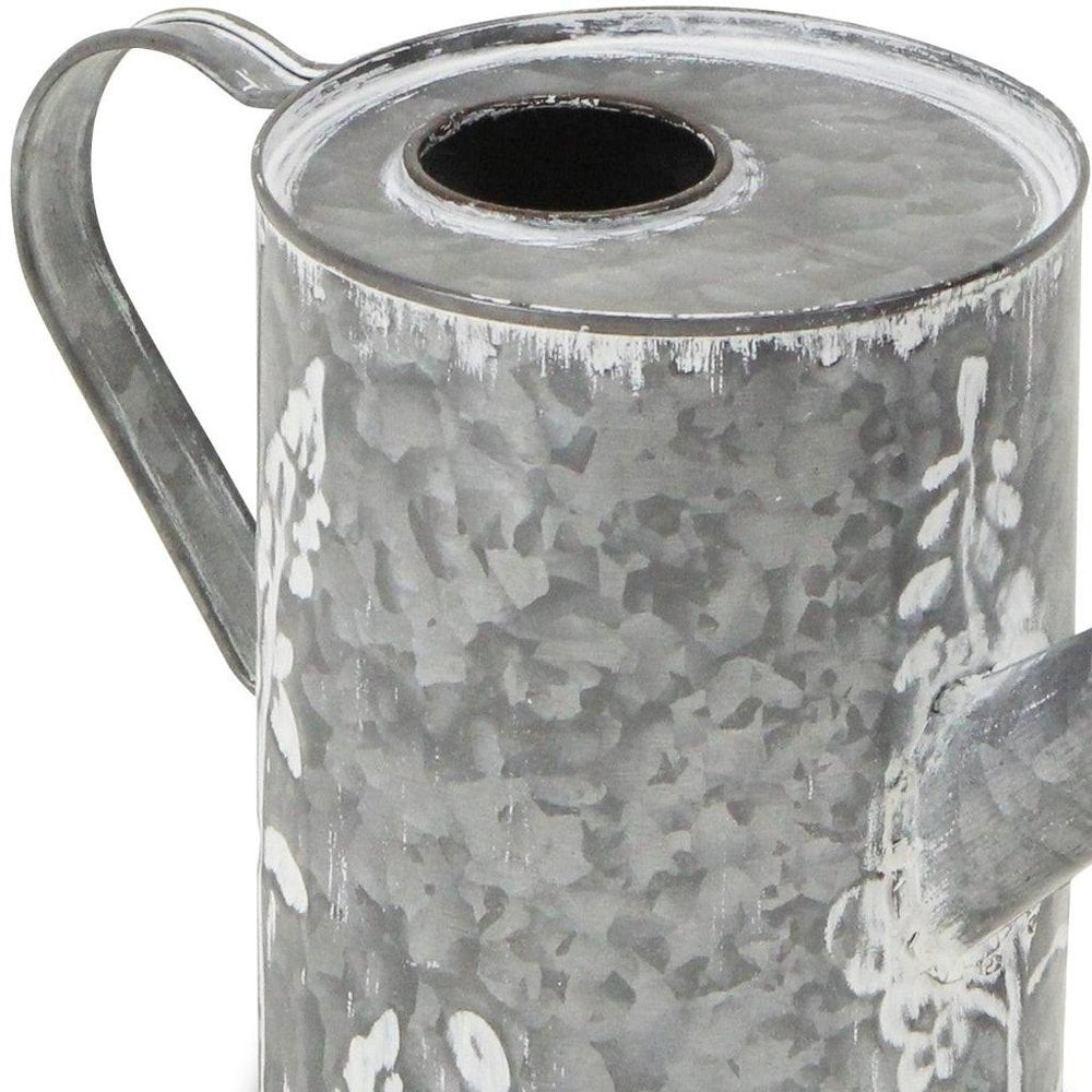 6" Gray And White Galvanized Metal Flowers Hand Painted Decorative Watering Can