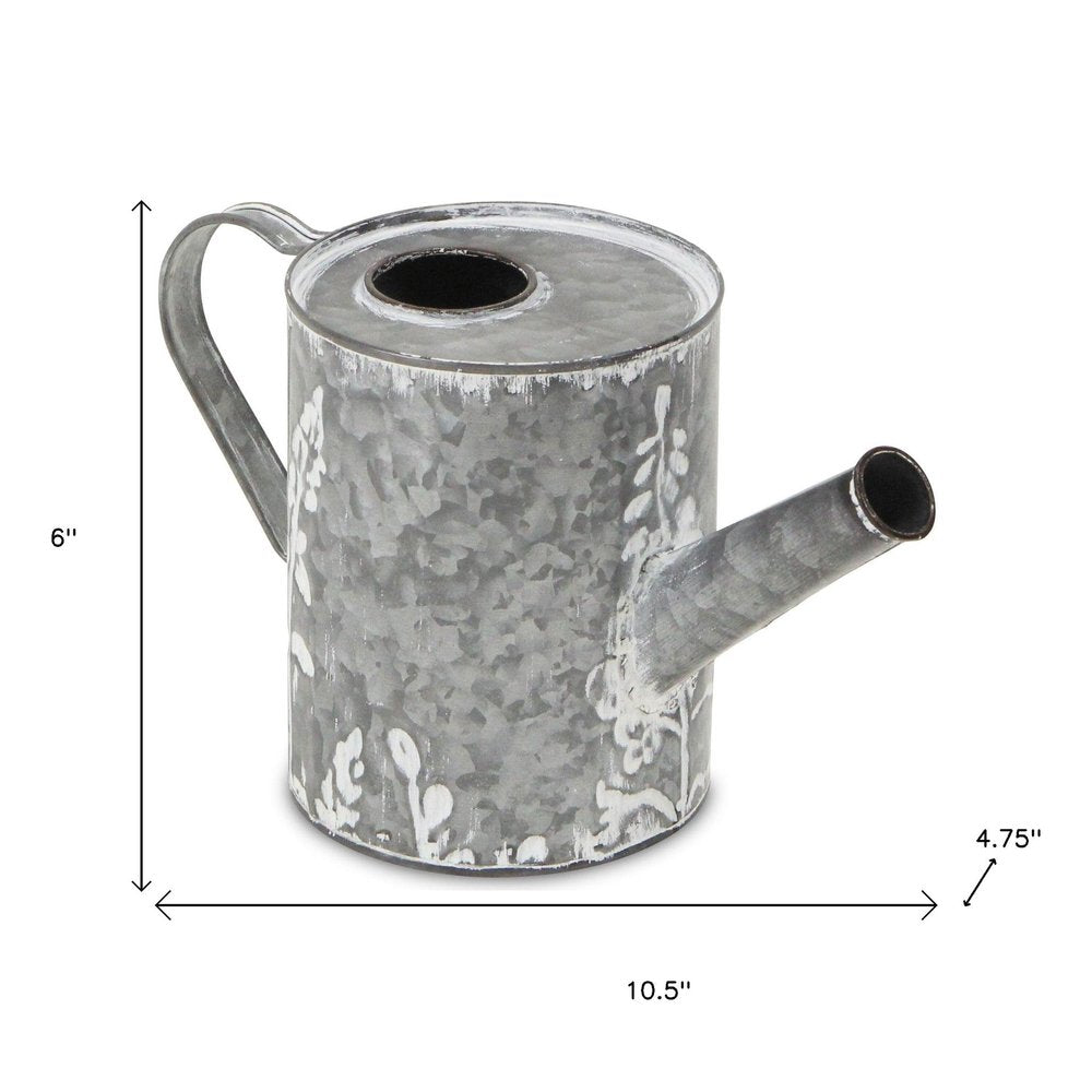 6" Gray And White Galvanized Metal Flowers Hand Painted Decorative Watering Can