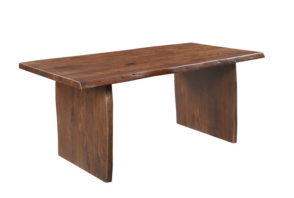 A brown solid wood dining table with a live edge top and two solid wood slab legs on a white background.