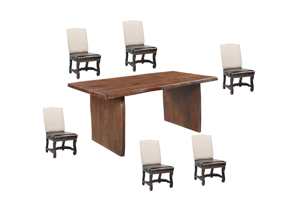 Seven Piece Brown Solid Wood Dining Set with Six Chairs - SKU 635831 on a white background
