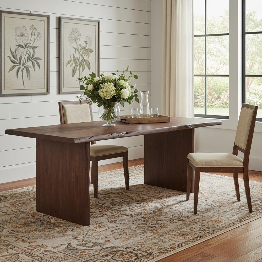 84" Brown Solid Wood Live Edge Sled Base Dining Table in a home interior