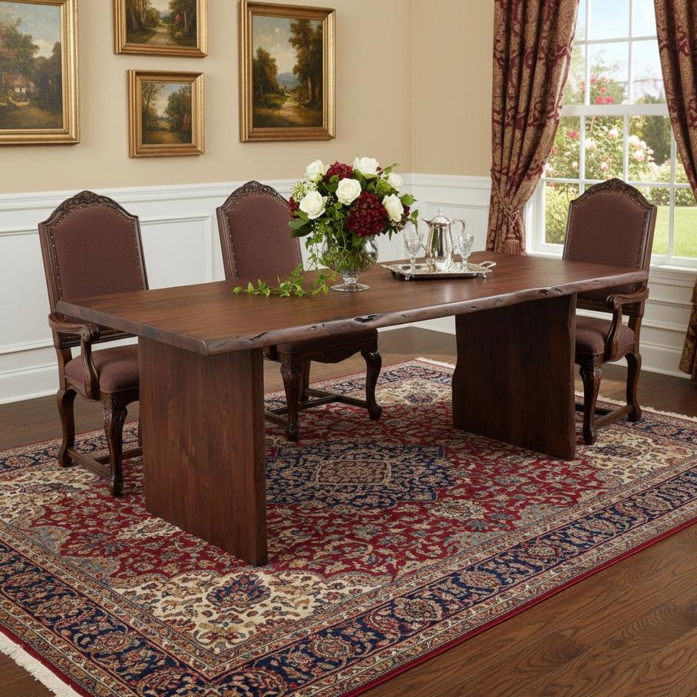 96" Brown Solid Wood Live Edge Sled Base Dining Table in a home interior