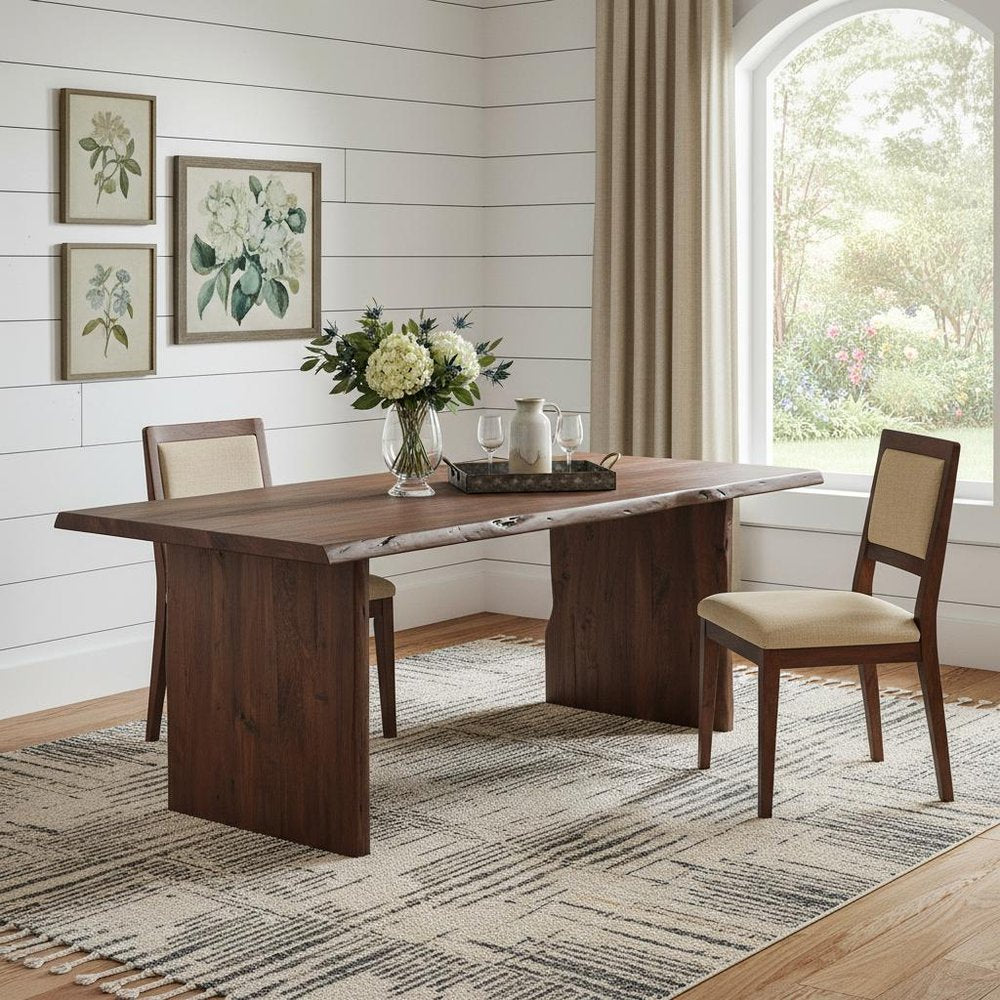 96" Brown Solid Wood Live Edge Sled Base Dining Table in a home interior