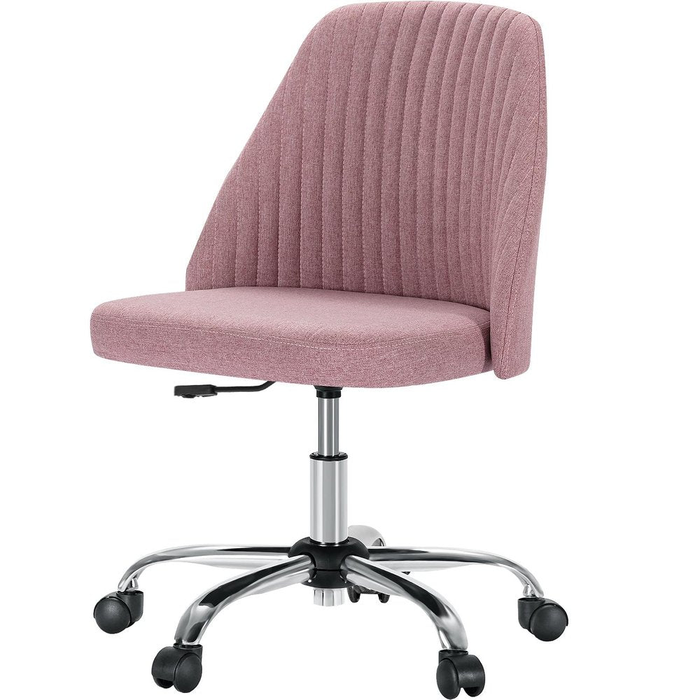 Pink upholstered office chair with silver base and wheels on a white background.