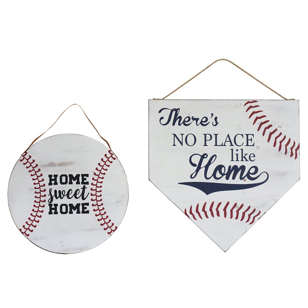 Two distressed white wooden baseball-themed hanging signs, one round with "Home Sweet Home" and one pentagon-shaped with "There's No Place Like Home.