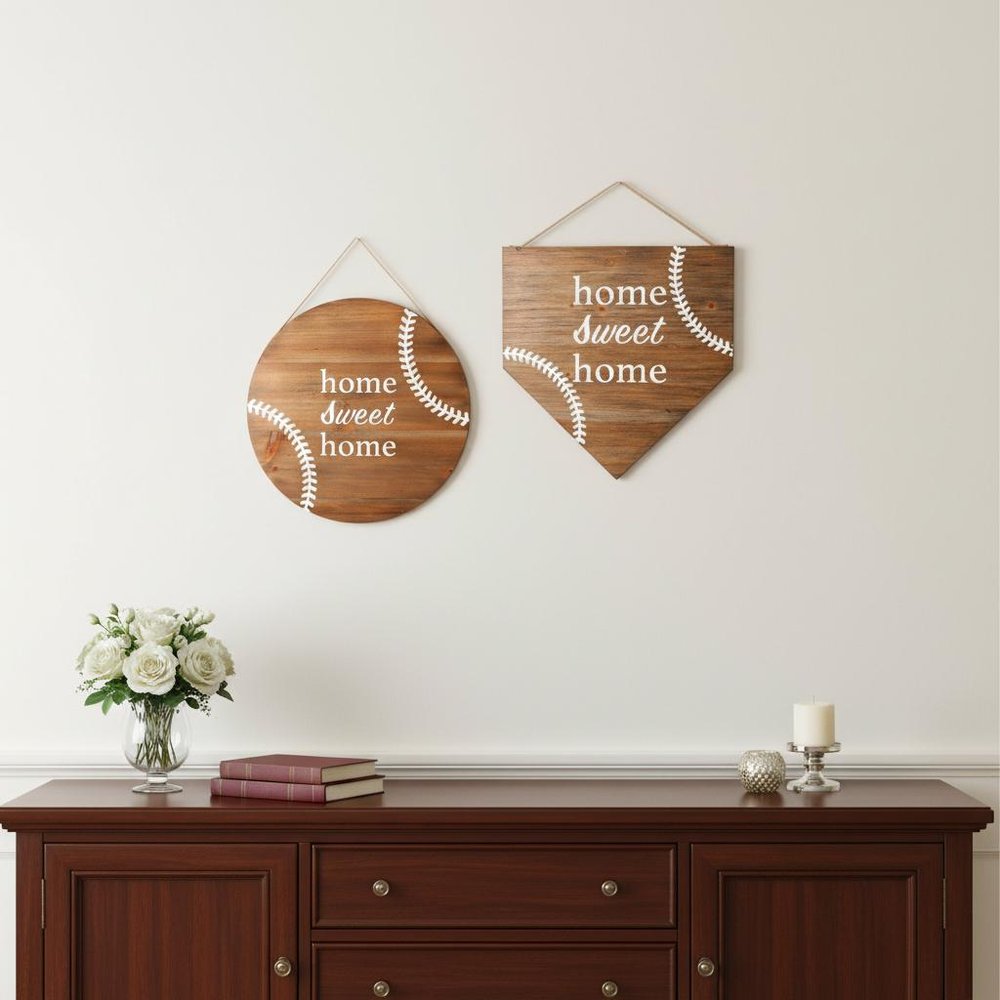 Set of Two Brown And White Home Sweet Home Wood Wall Decor close-up detail