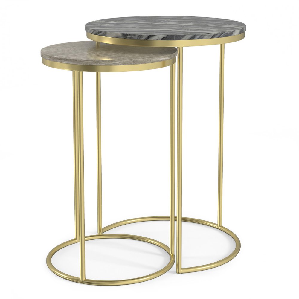Set of Two Glossy Gray Stone and Gold Marble and Iron Round Nested Tables on a white background