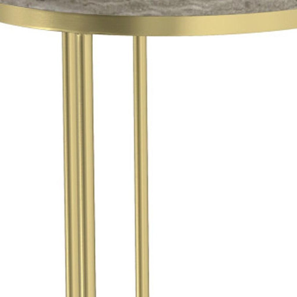 Set of Two Glossy Gray Stone and Gold Marble and Iron Round Nested Tables on a white background