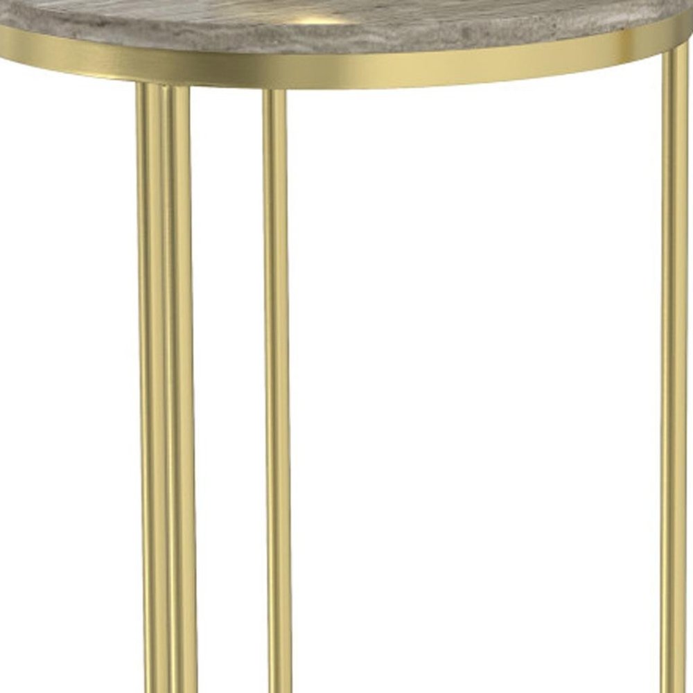 Set of Two Glossy Gray Stone and Gold Marble and Iron Round Nested Tables on a white background