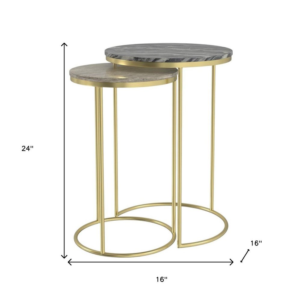 Set of Two Glossy Gray Stone and Gold Marble and Iron Round Nested Tables on a white background