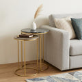 Set of Two Glossy Gray Stone and Gold Marble and Iron Round Nested Tables