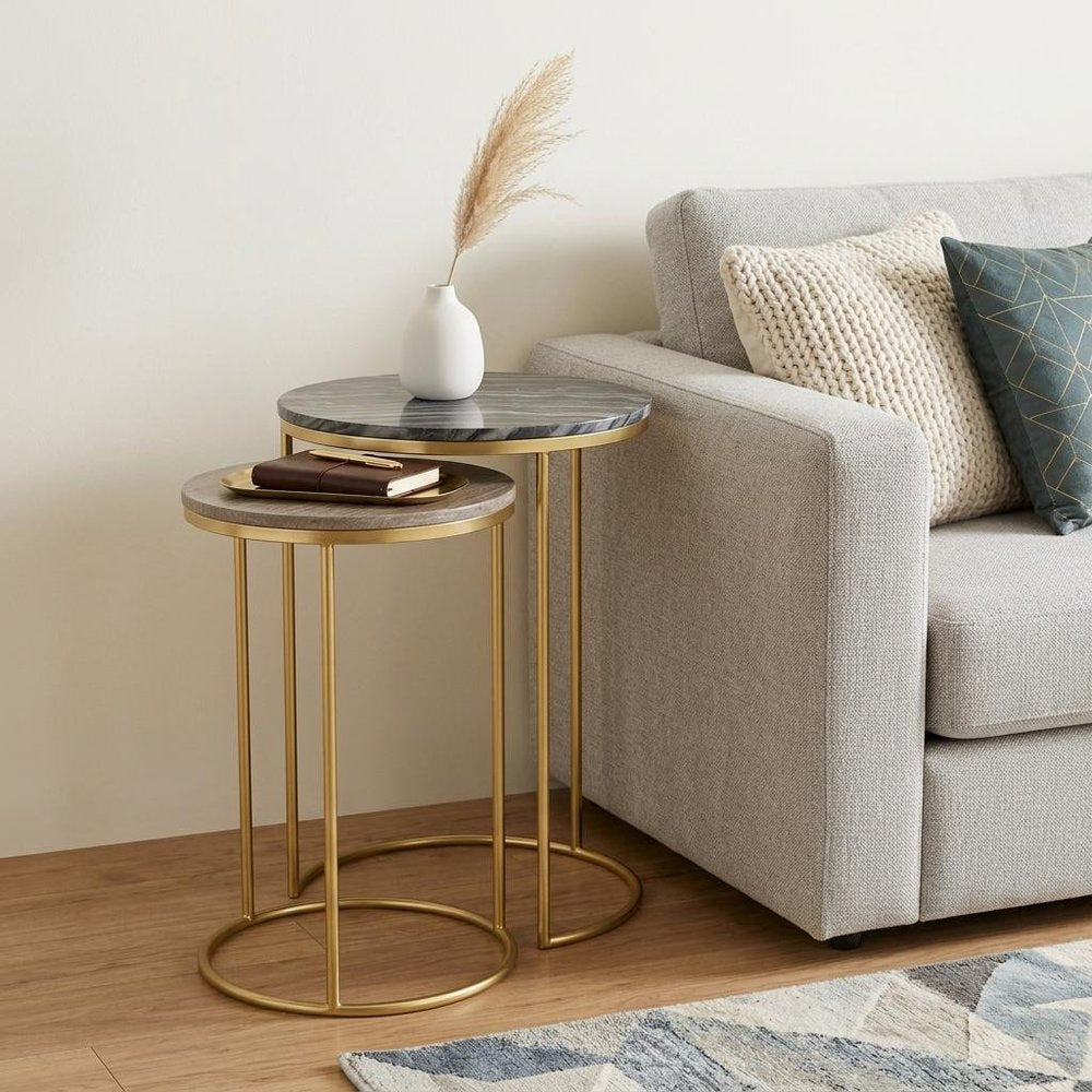 Set of Two Glossy Gray Stone and Gold Marble and Iron Round Nested Tables
