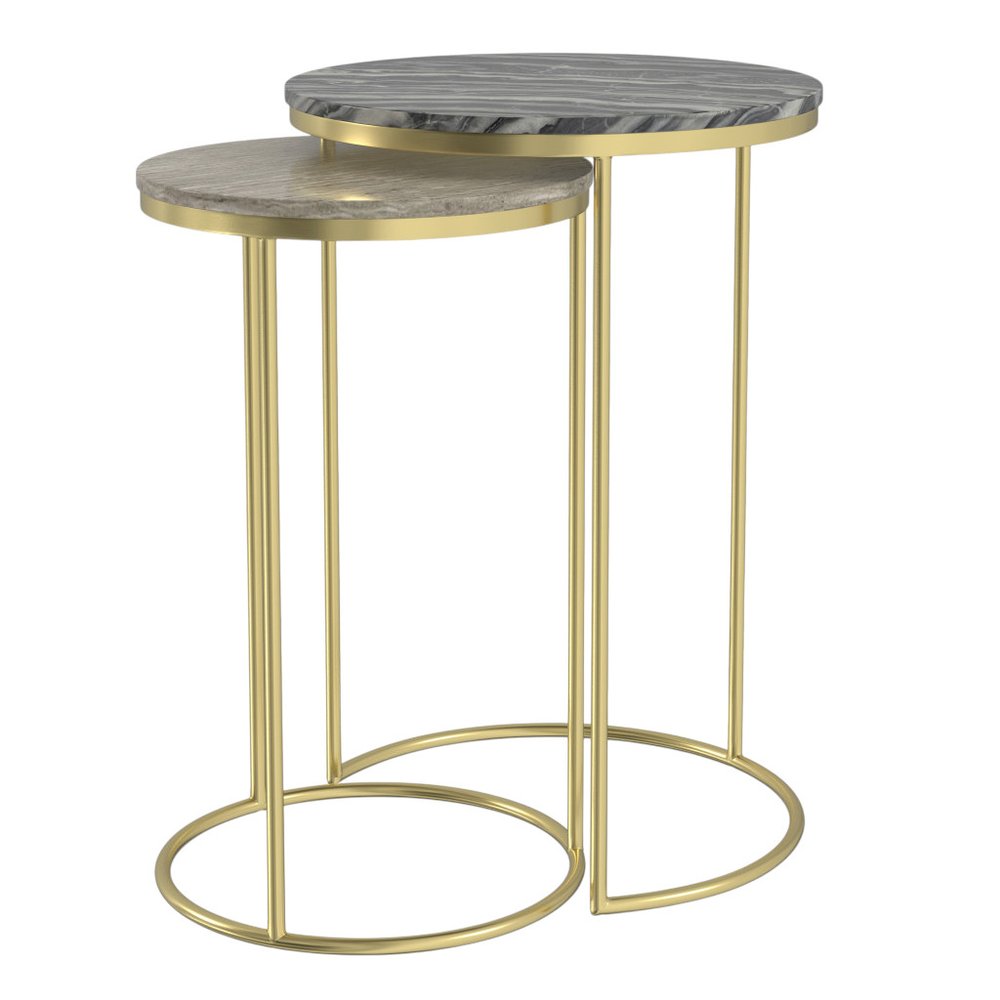 Set of Two Glossy Gray Stone and Gold Marble and Iron Round Nested Tables on a white background