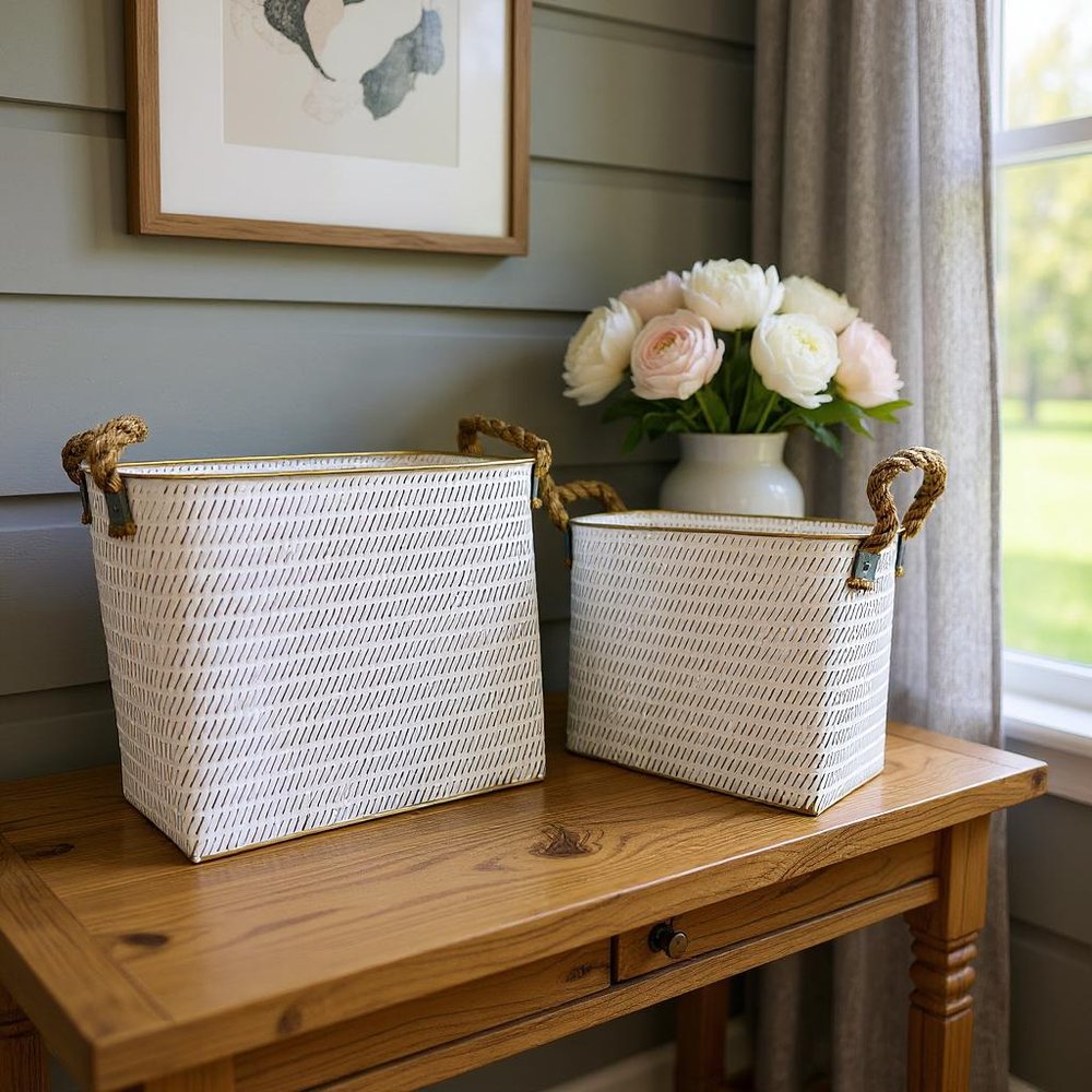 Set of Two White Metal Basket in a home interior