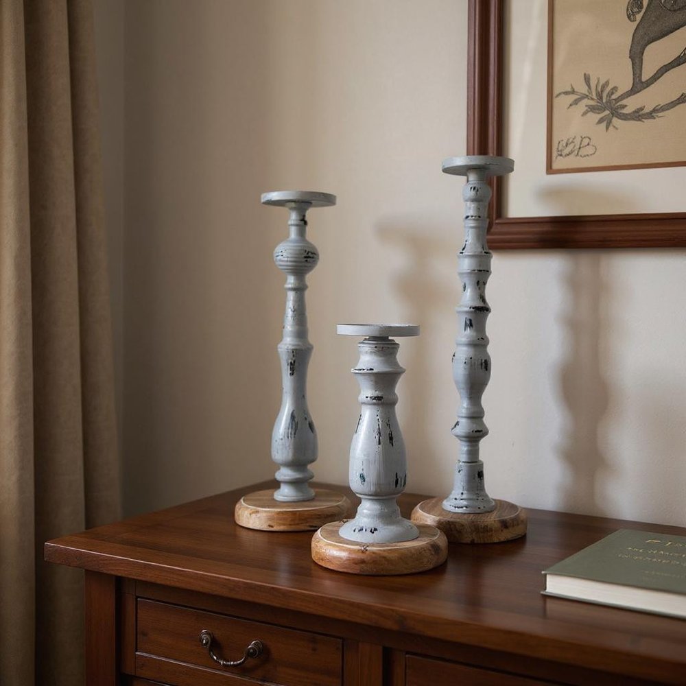Set of Three Gray Distressed Wood Tabletop Pillar Candle Holders in a home interior