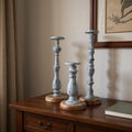 Set of Three Gray Distressed Wood Tabletop Pillar Candle Holders