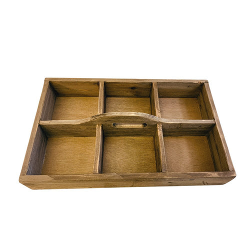 Rustic brown solid wood divided caddy with a handle, shown against a white background.