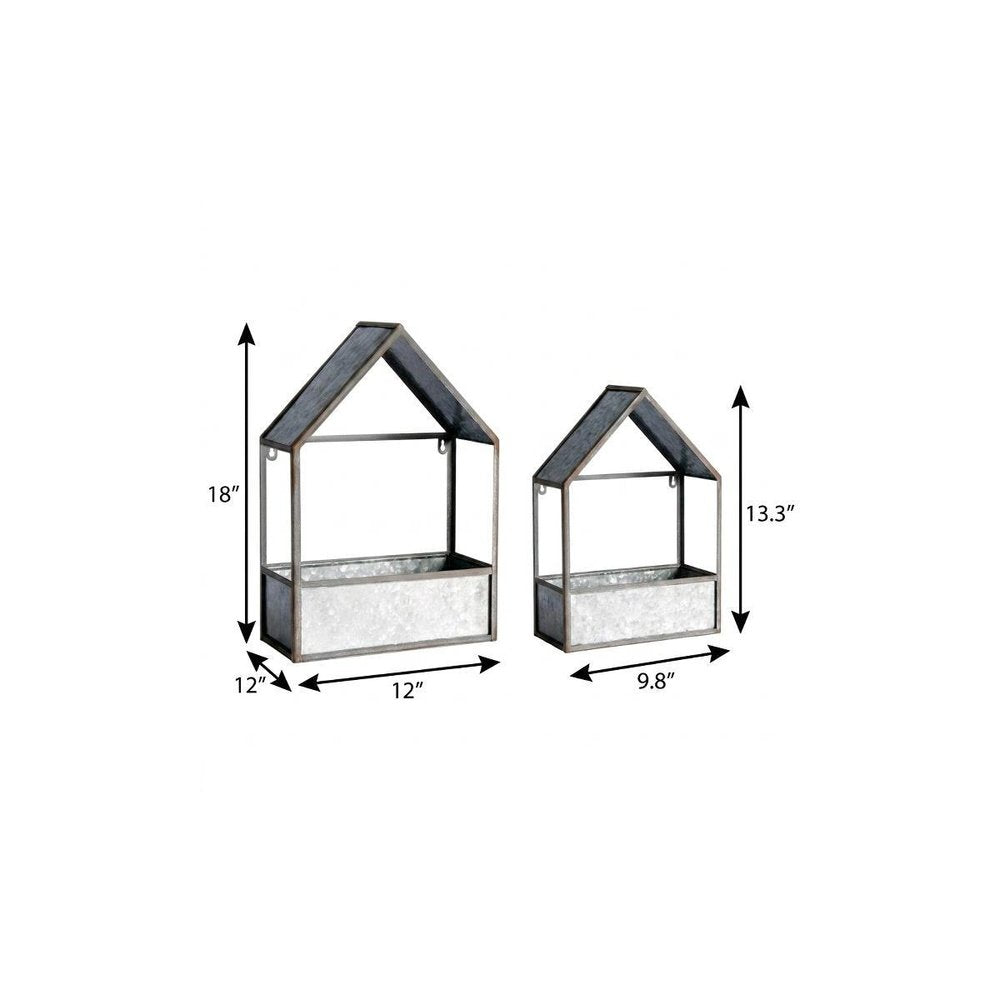 Set of Two Gray Galvanized Metal Novelty House Shaped Hanging Planters on a white background