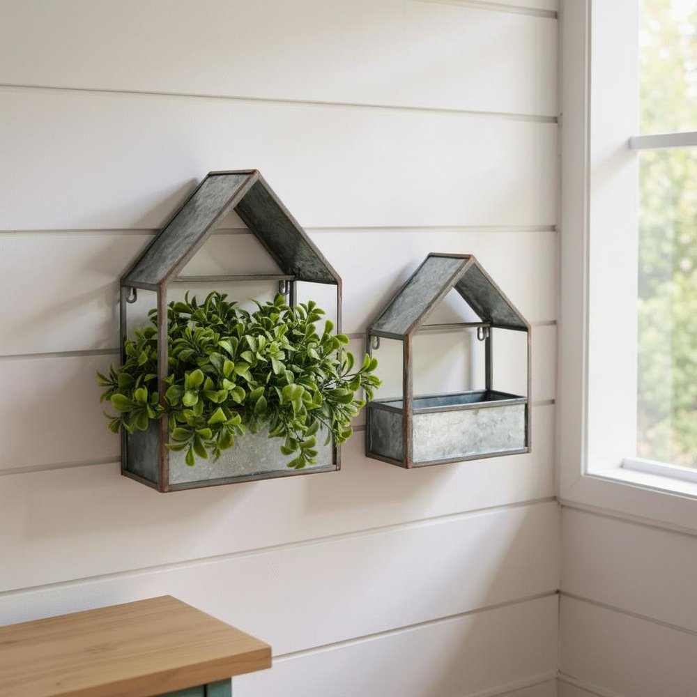 Set of Two Gray Galvanized Metal Novelty House Shaped Hanging Planters in a home interior