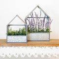 Set of Two Gray Galvanized Metal Novelty House Shaped Hanging Planters on a white background