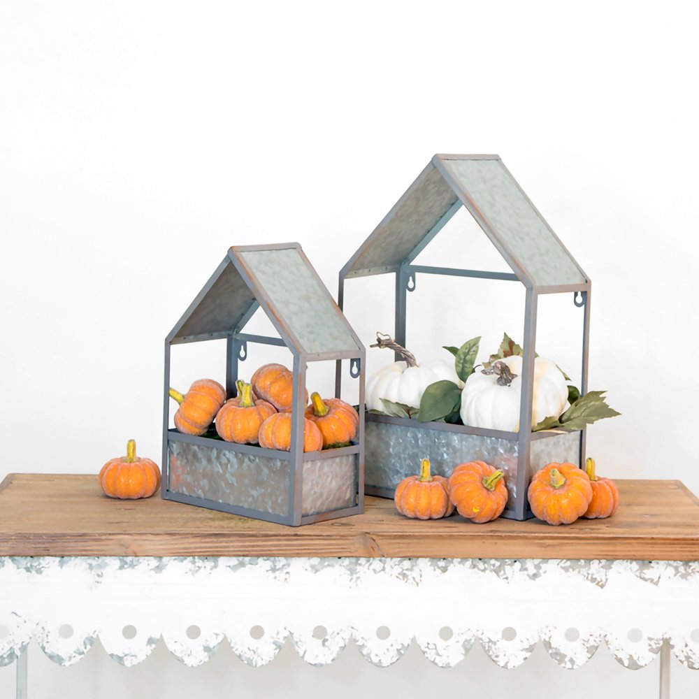 Set of Two Gray Galvanized Metal Novelty House Shaped Hanging Planters