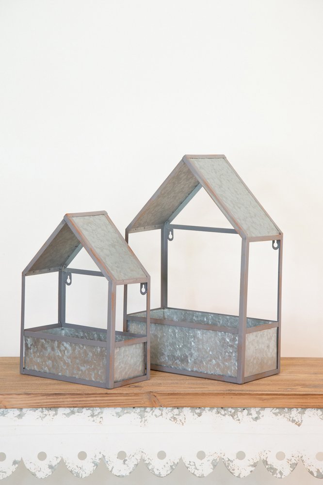 Set of Two Gray Galvanized Metal Novelty House Shaped Hanging Planters