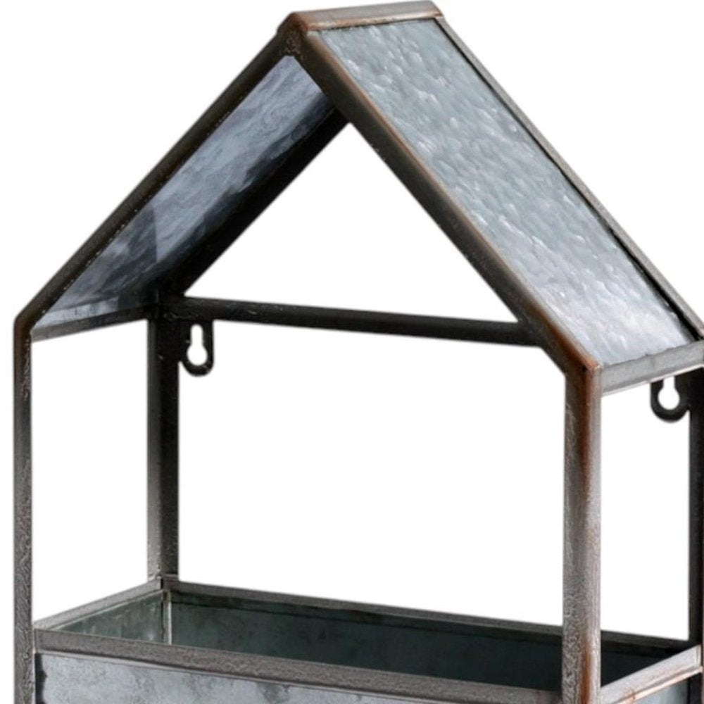 Set of Two Gray Galvanized Metal Novelty House Shaped Hanging Planters on a white background