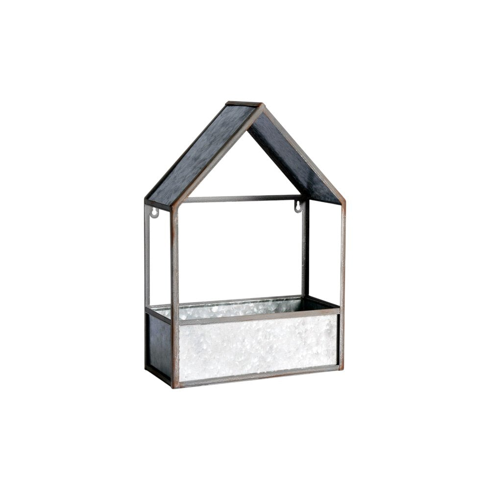 Set of Two Gray Galvanized Metal Novelty House Shaped Hanging Planters