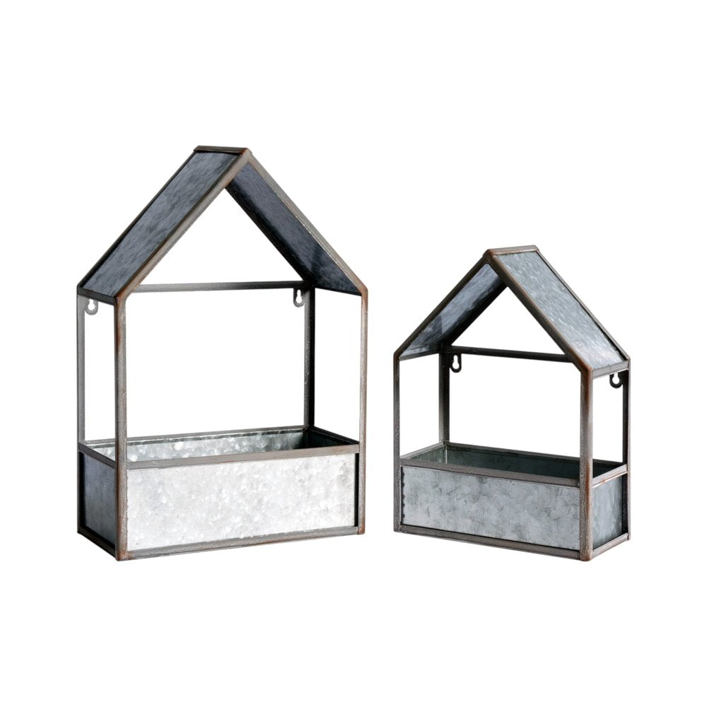 Set of Two Gray Galvanized Metal Novelty House Shaped Hanging Planters on a white background