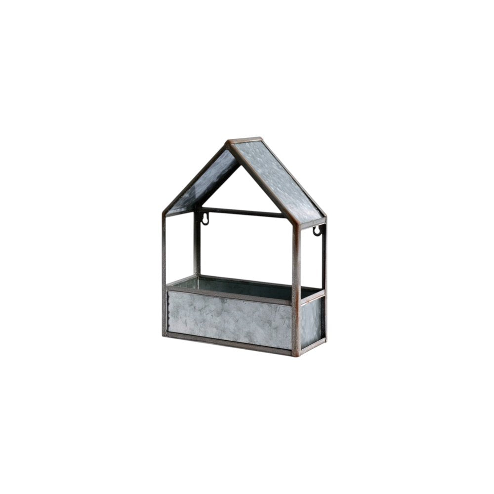 Set of Two Gray Galvanized Metal Novelty House Shaped Hanging Planters on a white background