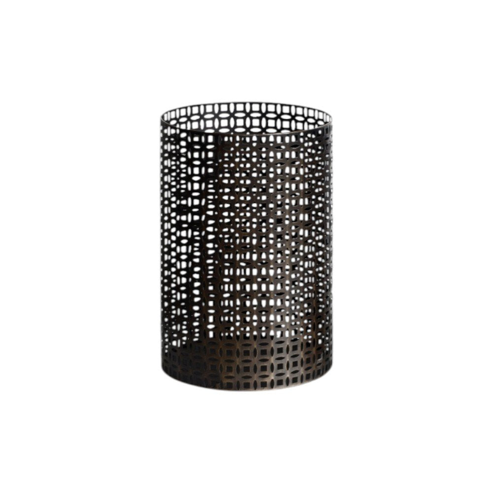 Set of Five Dark Brown Pierced Geometric Metal Tabletop Hurricane Candle Holders