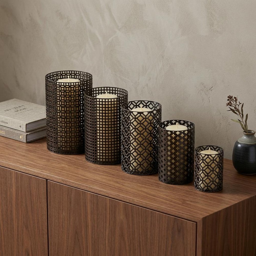 Set of Five Dark Brown Pierced Geometric Metal Tabletop Hurricane Candle Holders