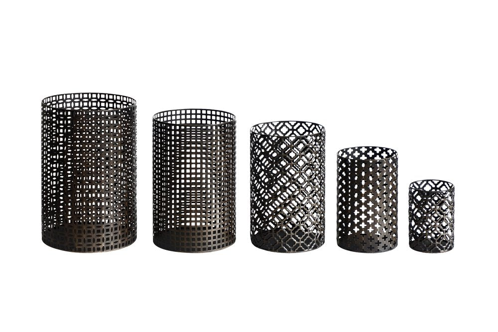 Set of Five Dark Brown Pierced Geometric Metal Tabletop Hurricane Candle Holders on a white background