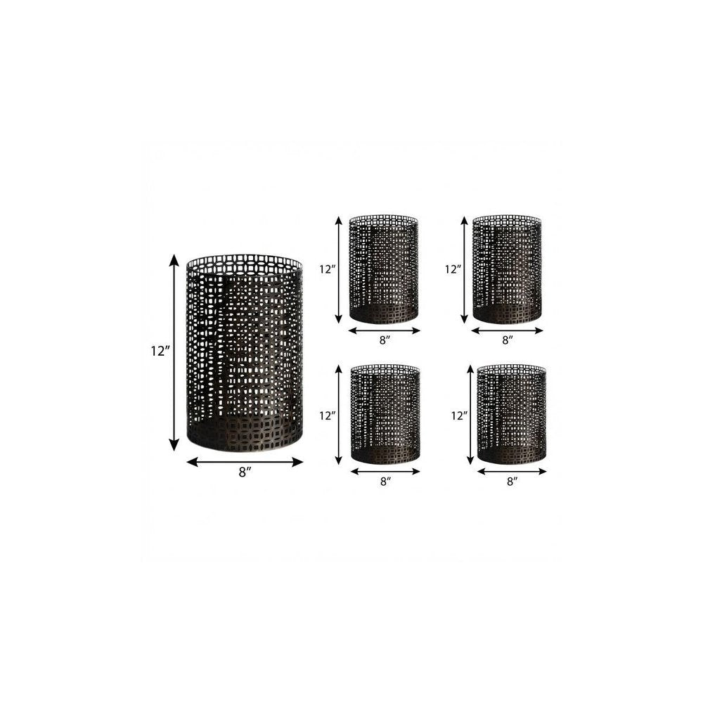 Set of Five Dark Brown Pierced Geometric Metal Tabletop Hurricane Candle Holders on a white background