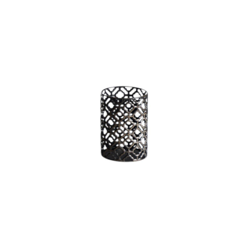 Set of Five Dark Brown Pierced Geometric Metal Tabletop Hurricane Candle Holders