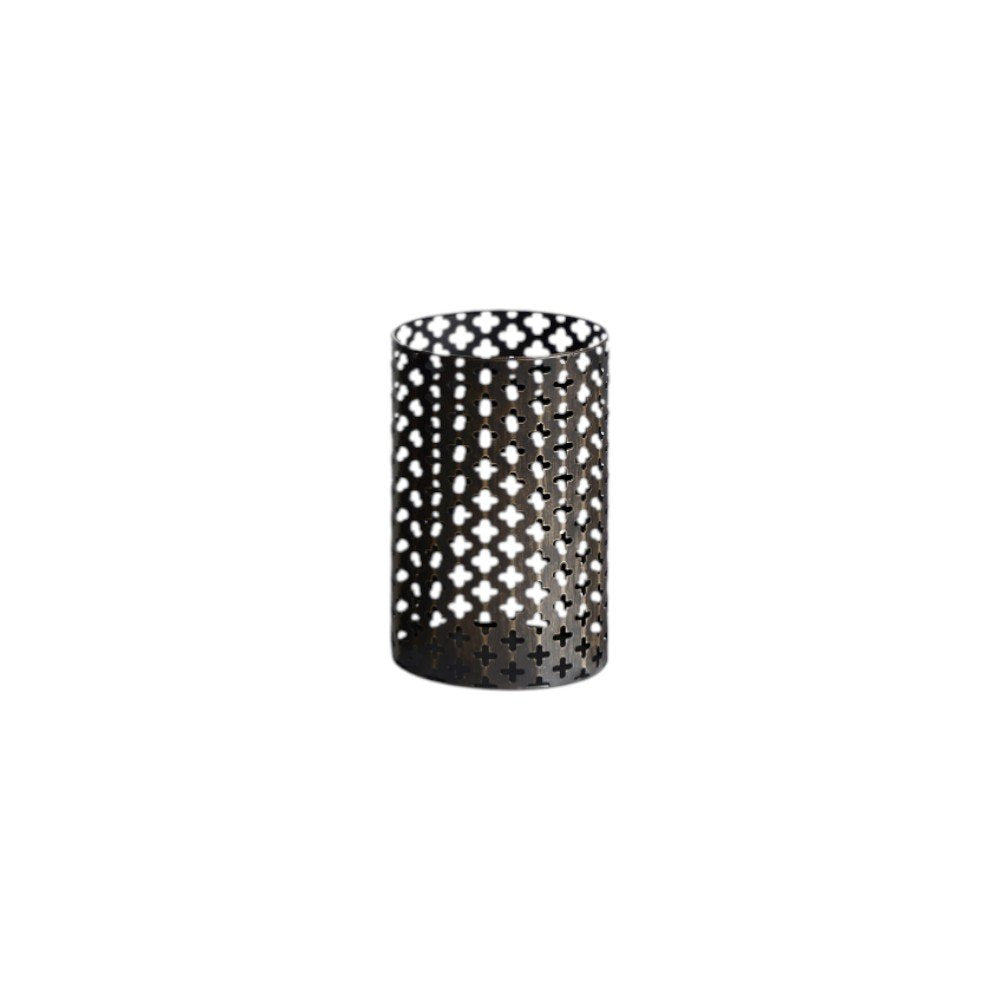 Set of Five Dark Brown Pierced Geometric Metal Tabletop Hurricane Candle Holders on a white background