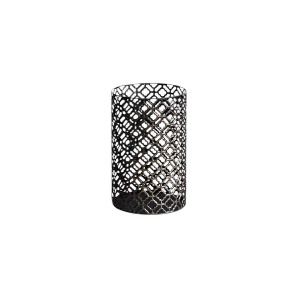 Set of Five Dark Brown Pierced Geometric Metal Tabletop Hurricane Candle Holders on a white background