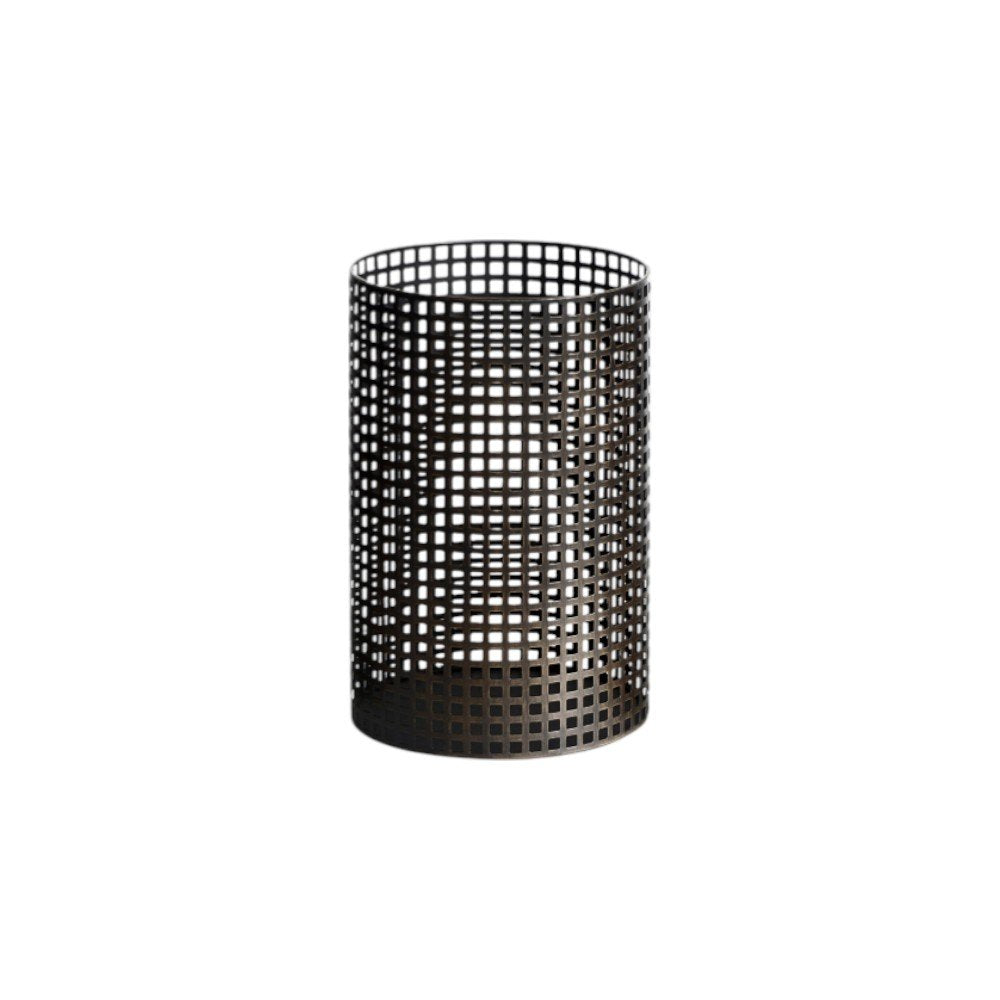 Set of Five Dark Brown Pierced Geometric Metal Tabletop Hurricane Candle Holders