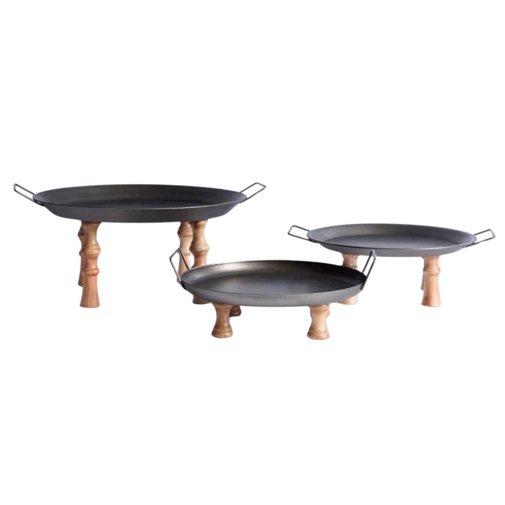 Set of Three Black And Brown Wood And Metal Round Riser Trays With Handles on a white background