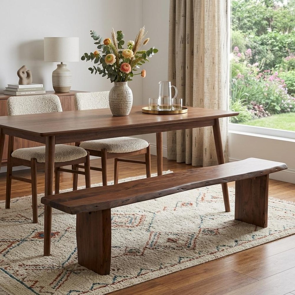 60" Brown Solid Wood Solid Wood Live Edge Dining Bench shown outdoors on an outdoor setting with greenery.