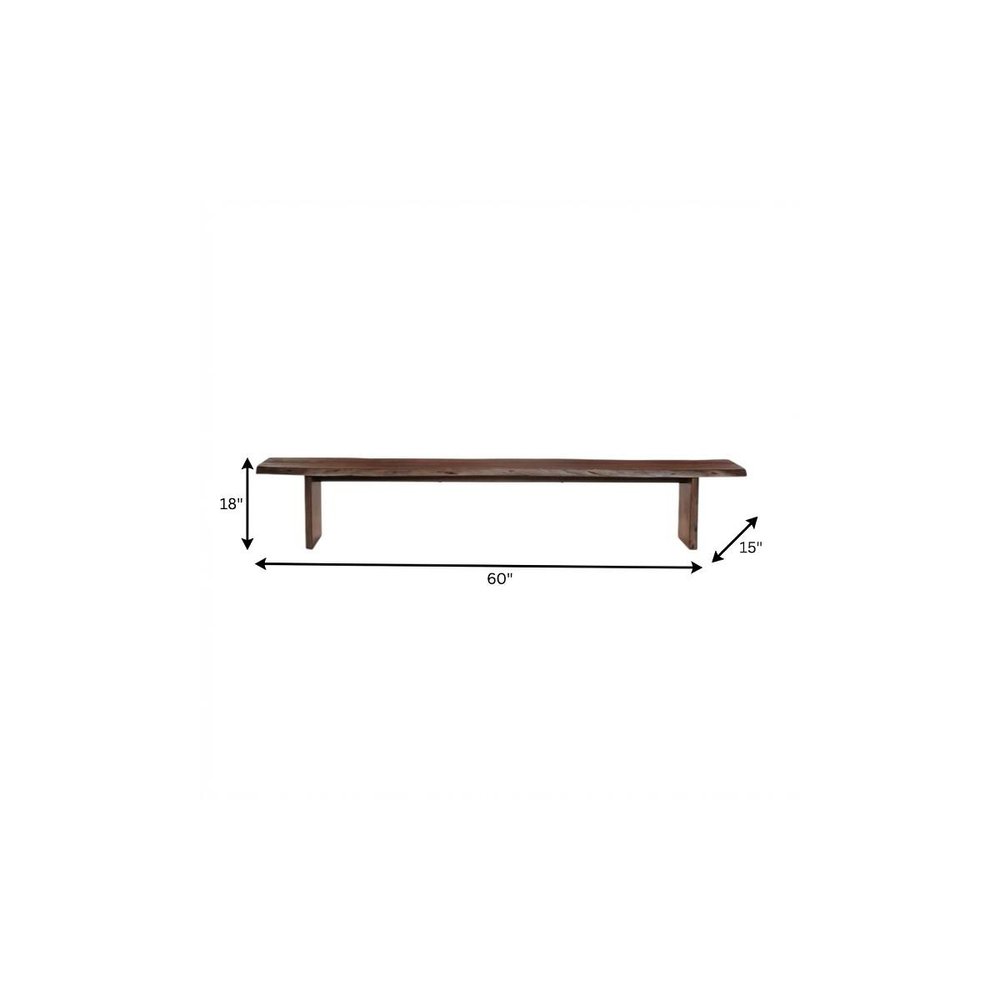 60" Brown Solid Wood Solid Wood Live Edge Dining Bench. Bench isolated on a plain white background, showing a brown wood surface.